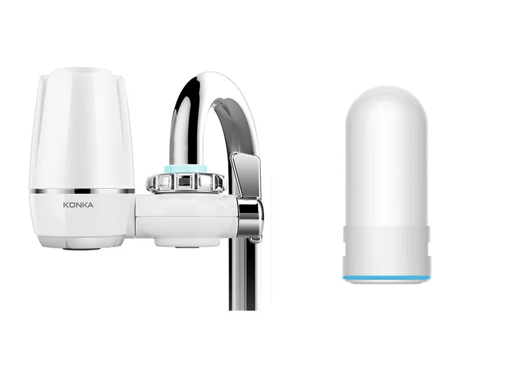 White plastic kitchen tap water filter with universal adapter and ceramic cartridge