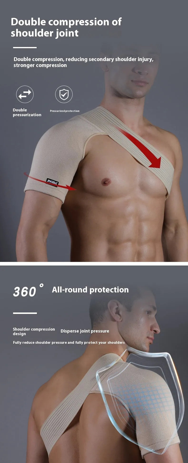 Adjustable skin-colour sports protective shoulder strap shown on a mannequin.