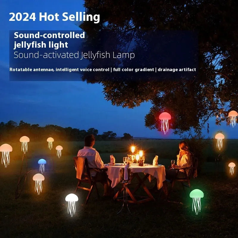 Jellyfish mood lamp with LED lights and adjustable tentacles on desk