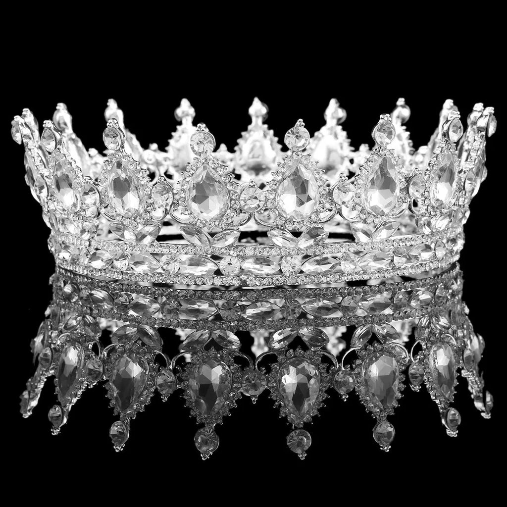 Baroque bridal crown headdress with rhinestones on alloy base, 12.5cm diameter, 5cm height in gold finish