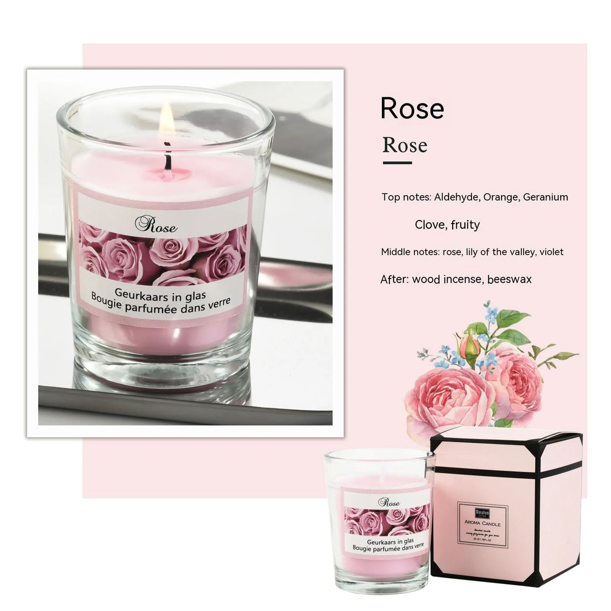 Handmade soy wax cup candle 5x6cm in transparent glass cup, boxed pink or white option