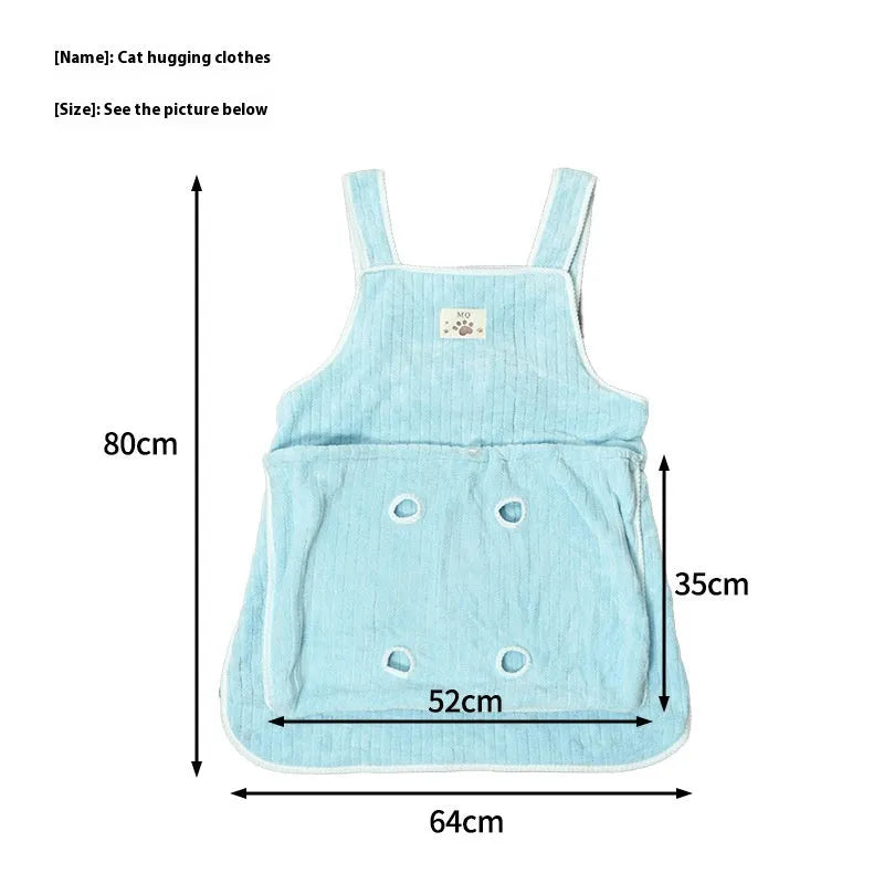Cloth cat grooming apron worn by person holding a cat, shown in light blue colour with hole option.