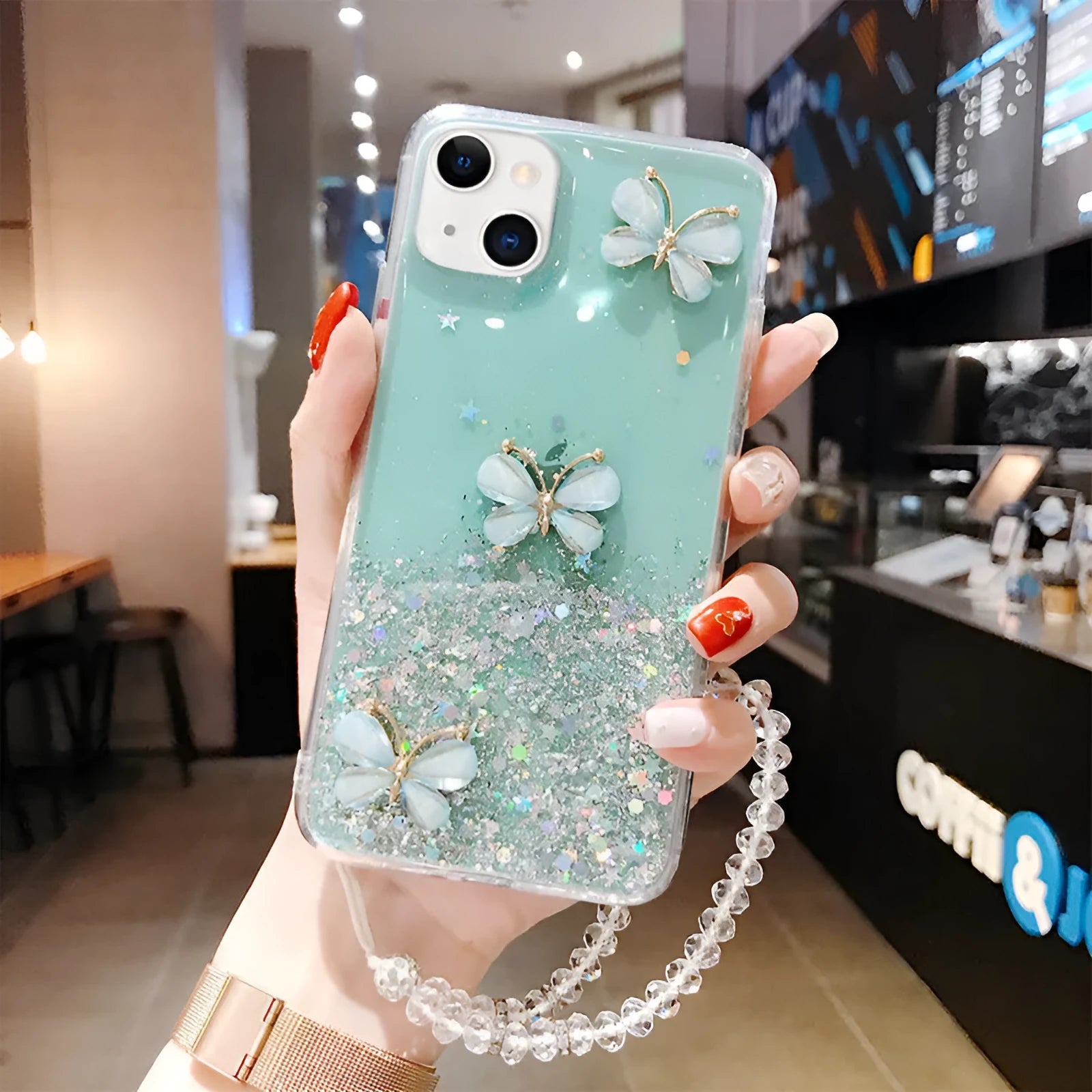 Glitter epoxy butterfly silicone phone case for Samsung with flash three butterflies design in pink