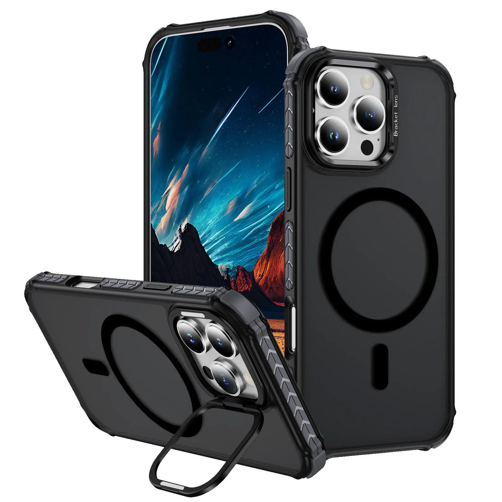 Magnetic skin-feel anti-fall phone case for iPhone 14 Pro, black, with airbag corners and slim profile