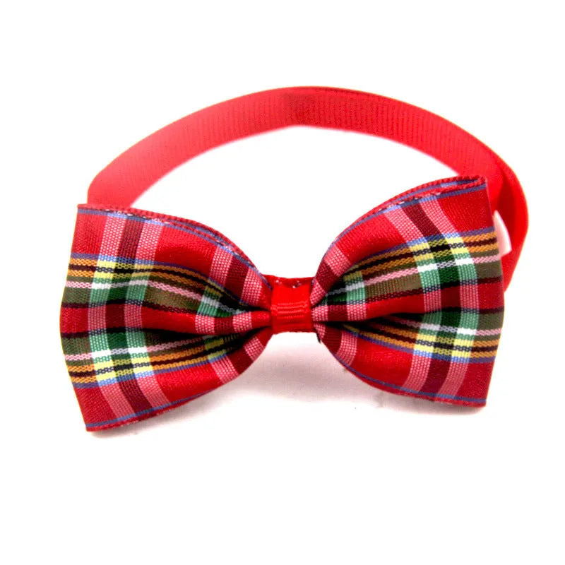 Plaid polyester pet scarf with adjustable collar and bow tie on a cat, eight colour options available