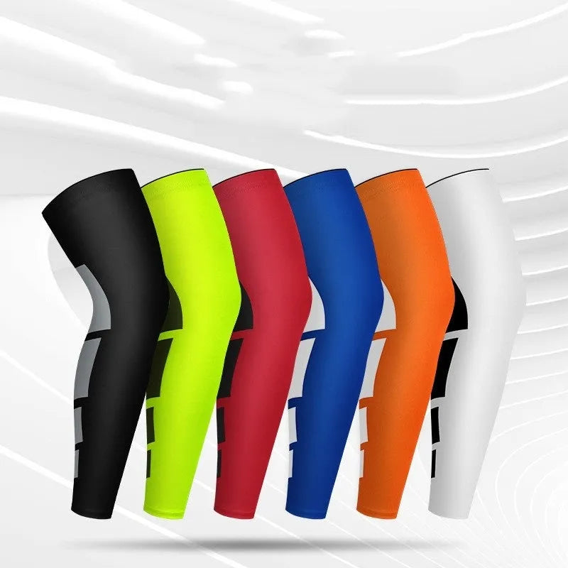 Single knee pad in black, white, blue, red, fluorescent, or orange, sizes M 520mm to XL 540mm, polyester spandex