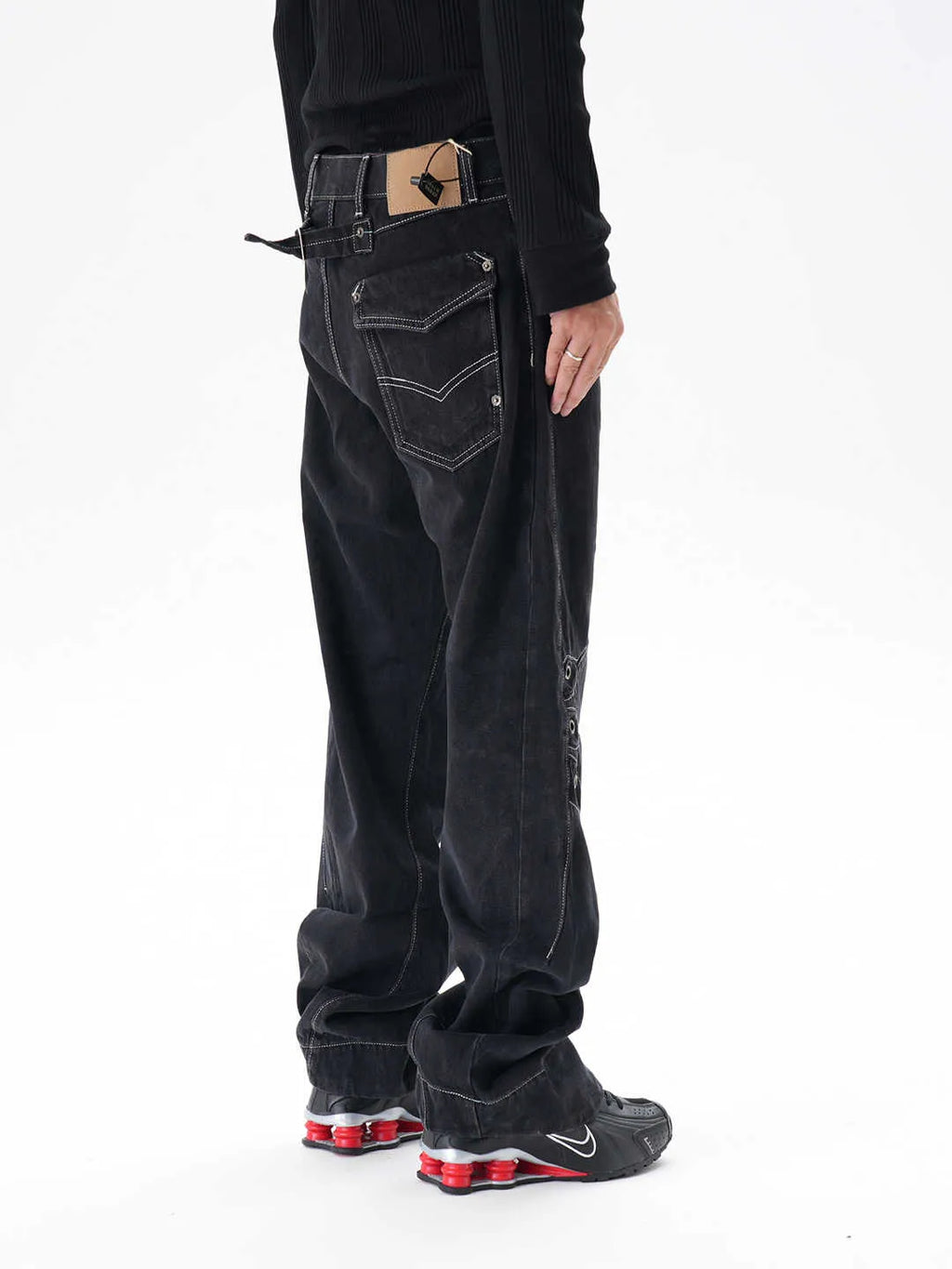 Black contrast colour loose machete denim jeans for men, wide leg trousers with zipper fly