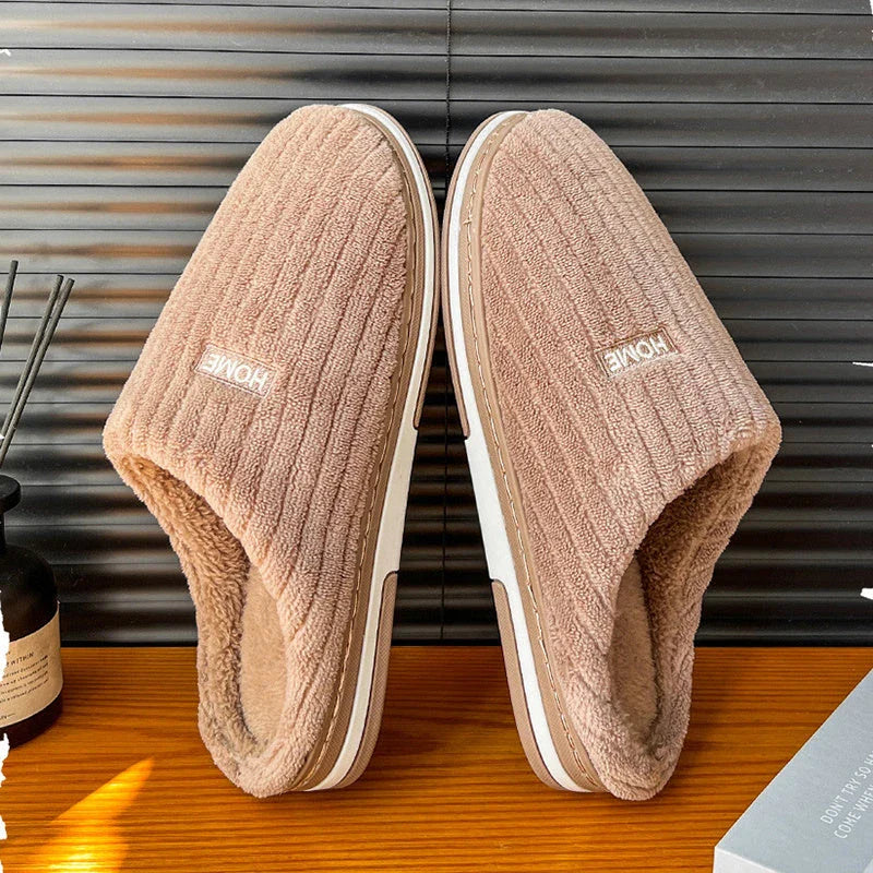 Cozy cotton slippers with plush upper, non-slip sole, and warm insole for comfortable indoor wear