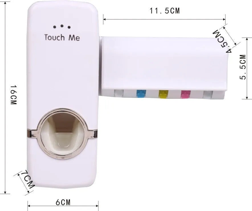 White bathroom accessories set with toothpaste dispenser and toothbrush holder mounted on smooth tile surface