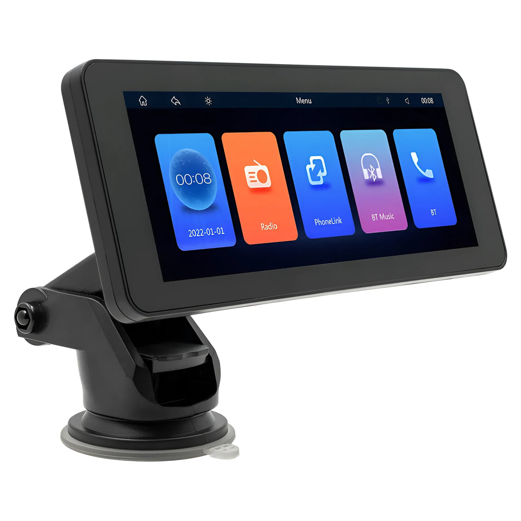 Portable wireless car-mounted video player with 6.86-inch IPS screen showing multimedia display