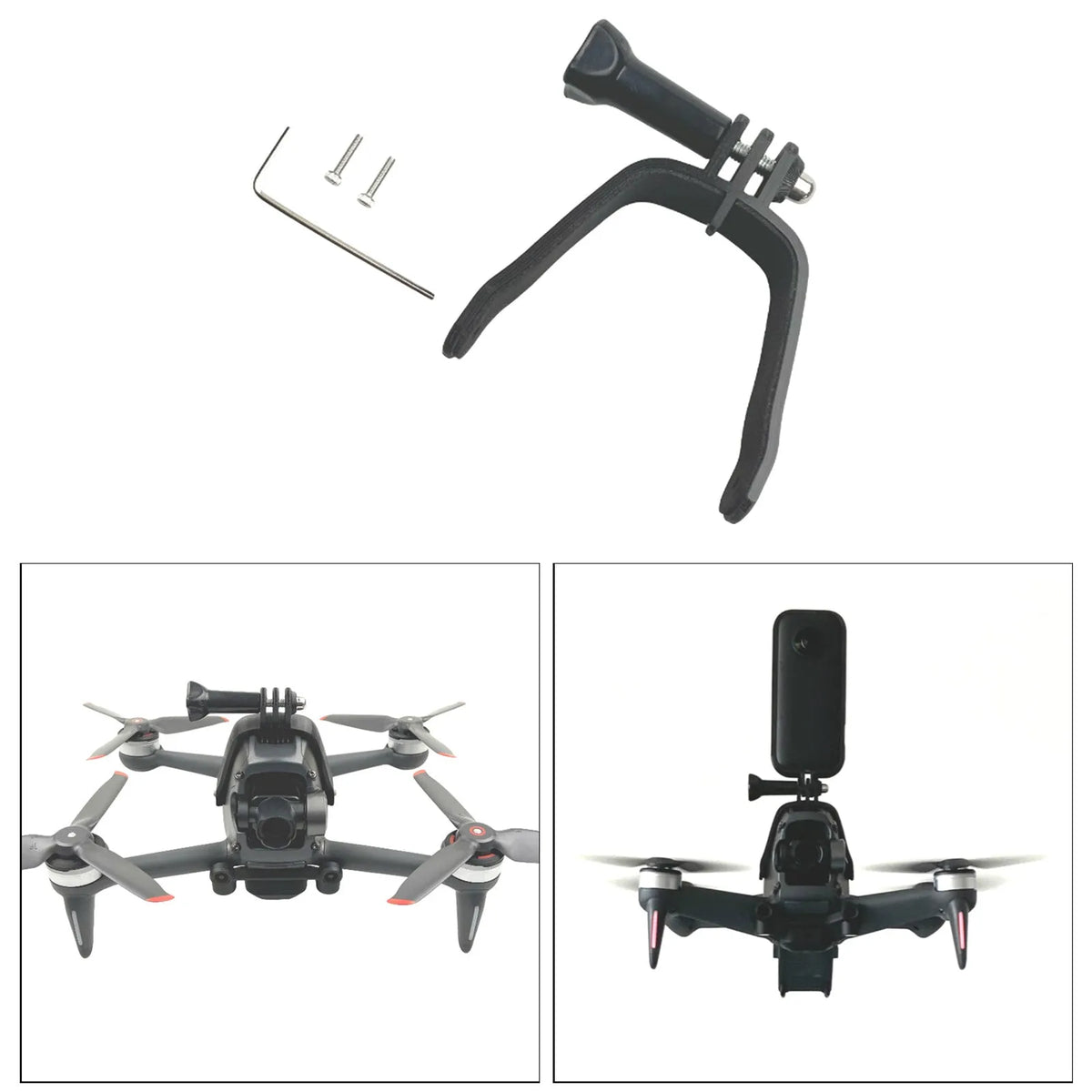 FPV top expansion bracket for action cameras showing 3D printed hard plastic construction with sponge contact area
