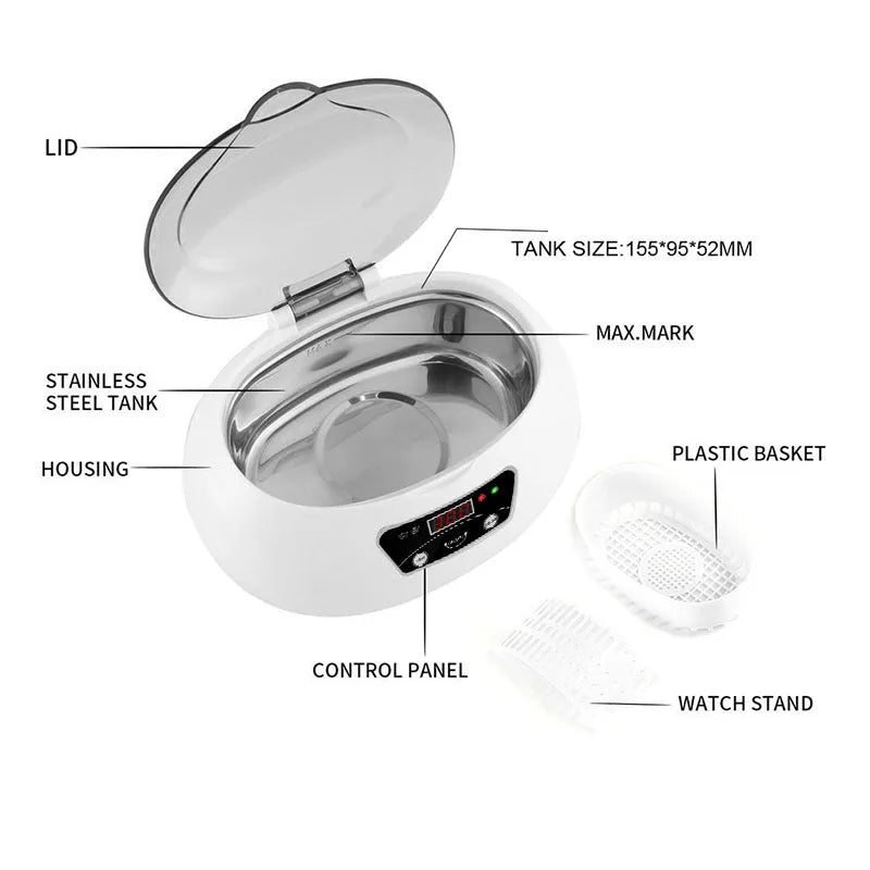 White blue ultrasonic cleaning machine with digital control panel on a countertop, 40KHz household appliance