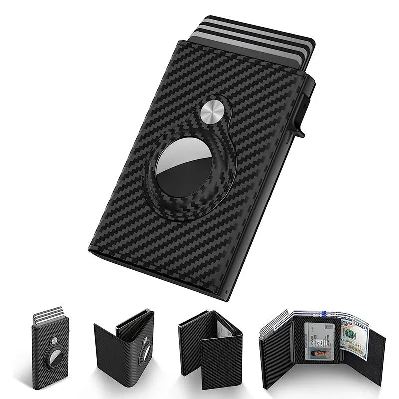 Black genuine leather card holder with stripe pattern, 9.8x6.5x2.1cm, anti-theft credit card function