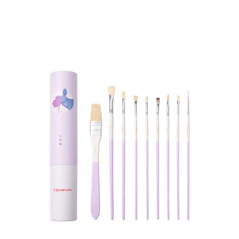Acrylic gouache art set with fan brushes, wide brush, eyeliner brush, corner brush, chalk, and paint.