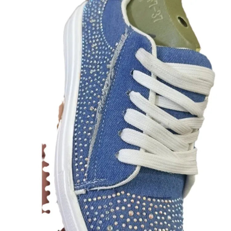 Plus size women's black lace-up casual sports shoes with rhinestones and a thick rubber sole.