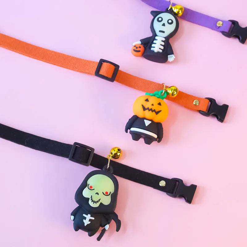 Halloween dog collar with luminous design, shown in adjustable sizes for small to large dogs.