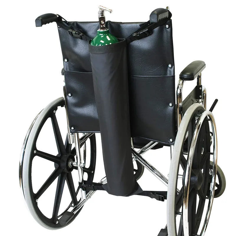 Black cylindrical outdoor wheelchair pannier bag for carrying an oxygen cylinder, made from 600D Oxford cloth.