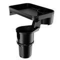 Black rotating car cup holder with dinner plate attachment shown in large and small size options.