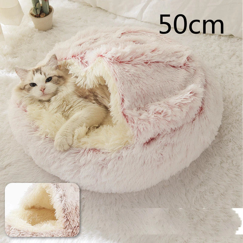 A soft, plush pet bed in various colors, including olive green, brown, pink, and grey, designed for the comfort and relaxation of cats and dogs.