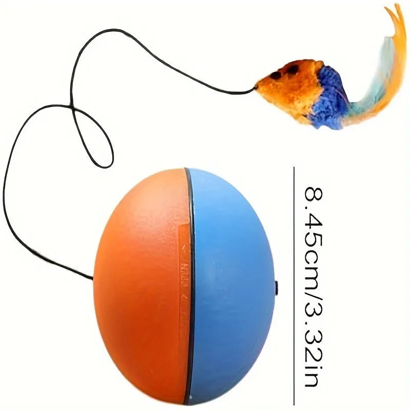 Interactive grey and orange cat toy with plush mouse and ball measuring 8.5 cm
