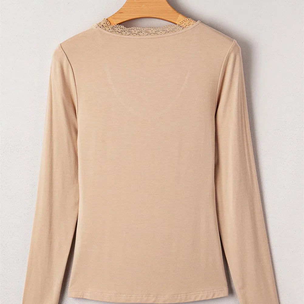 Red long sleeve casual top with lace trim detail showing slim fit styling