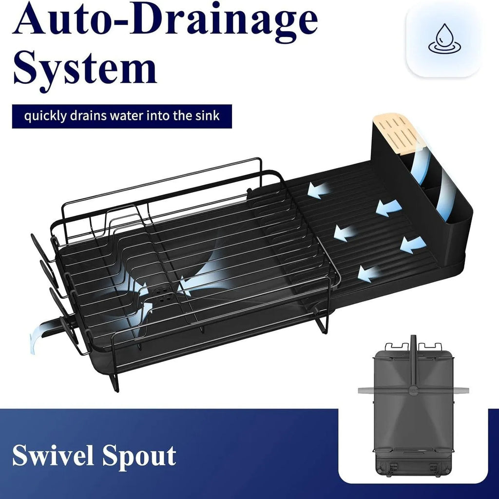 Retractable carbon steel kitchen drain rack for cutlery and cup drying, shown in folded and extended positions.