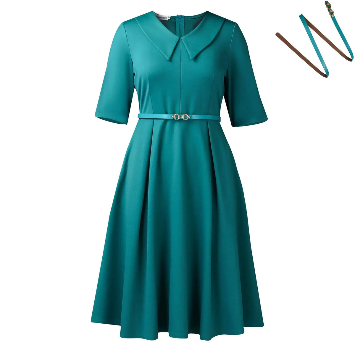 A woman wearing a solid colour African dress with half sleeves and a high waist, featuring a contrasting coloured belt.