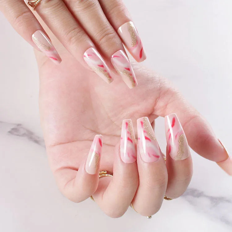 One Second Wearable Manicure press-on nails in blush colour with rose, tulip, and leopard print patterns, medium length