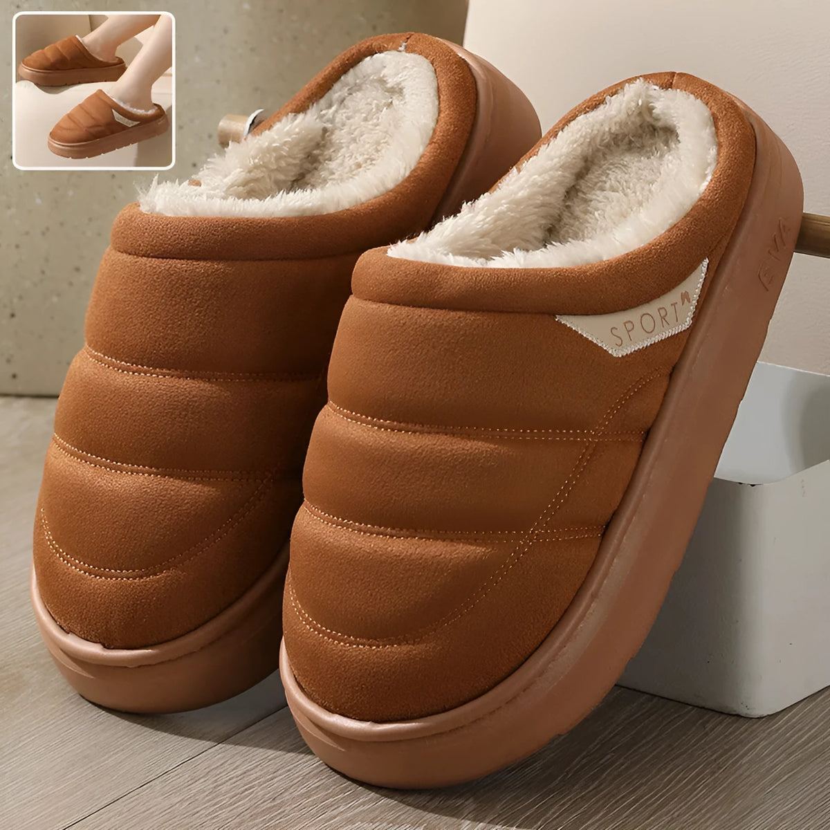 Plush indoor slippers with suede upper and EVA sole in grey, khaki, coffee, and camel