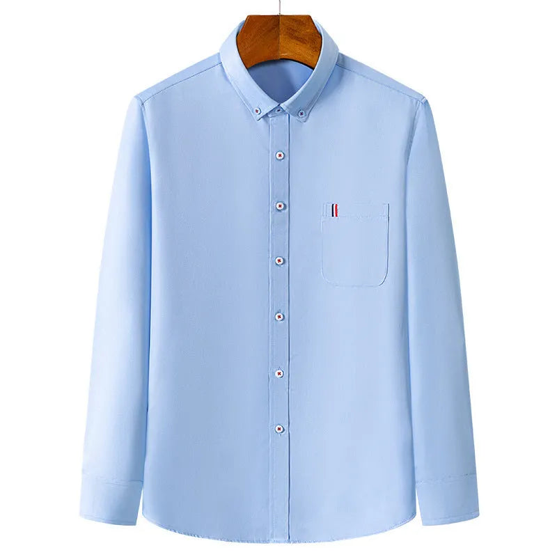 Men's casual polyester dress shirt in blue, available in sizes M to 4XL for daily business wear