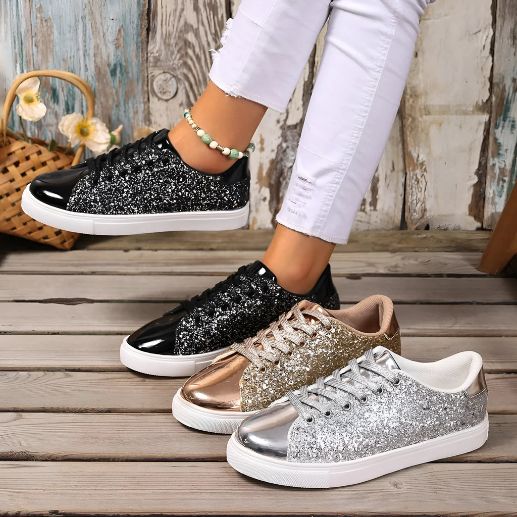 Women's plus size black sequin lace-up flat board shoes on a plain background