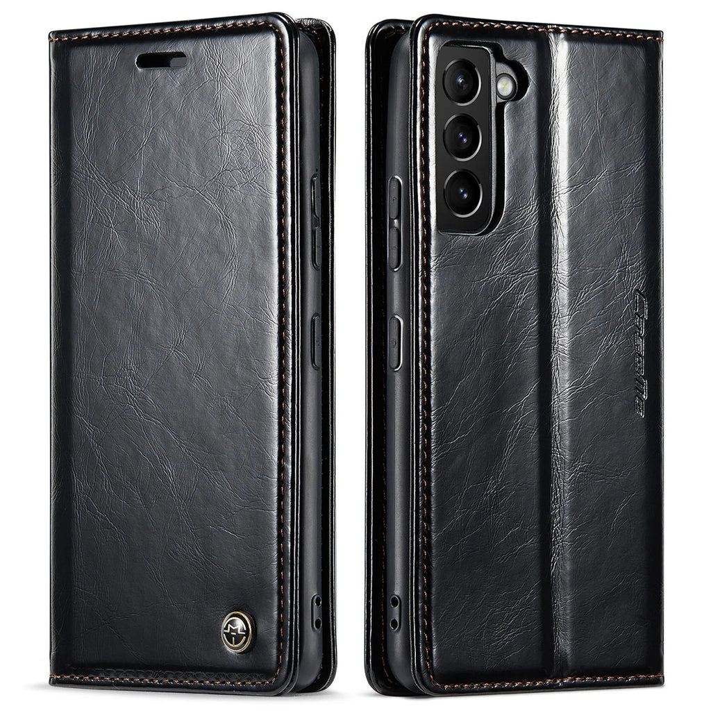 Samsung A55 black PC leather card flip phone case with magnetic closure and stand
