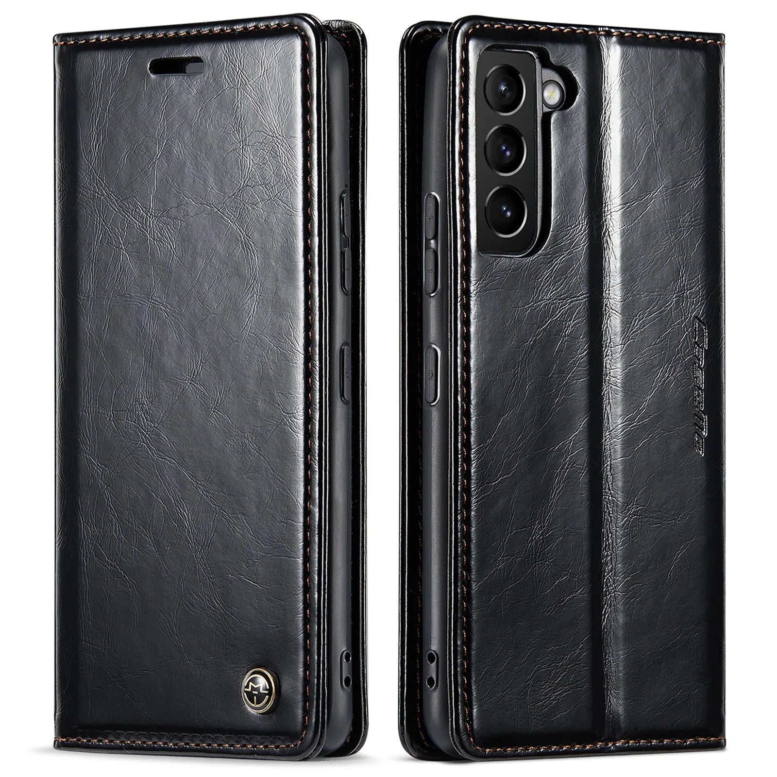 Samsung A55 black PC leather card flip phone case with magnetic closure and stand