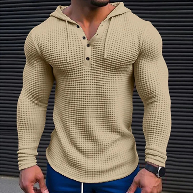 Men's pullover casual long sleeve waffle t-shirt in solid colour with hood, slim fit, front view
