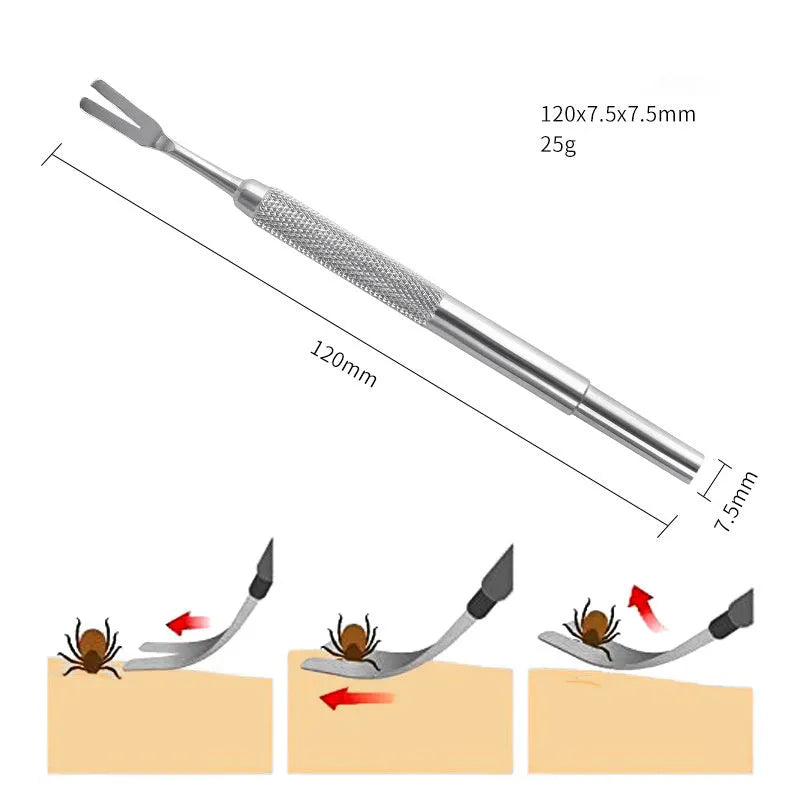 Close-up of silver stainless steel tick removal tweezers with fine pointed tip.