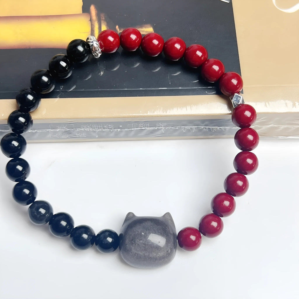 Colourful obsidian cat charm bracelet in net red style with detailed feline design