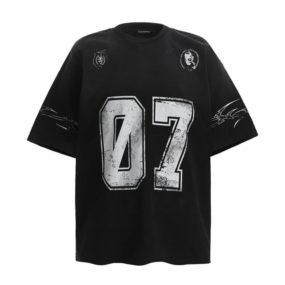 Men's black and white pure cotton short sleeve t-shirt on a hanger, sizes S M L XL.