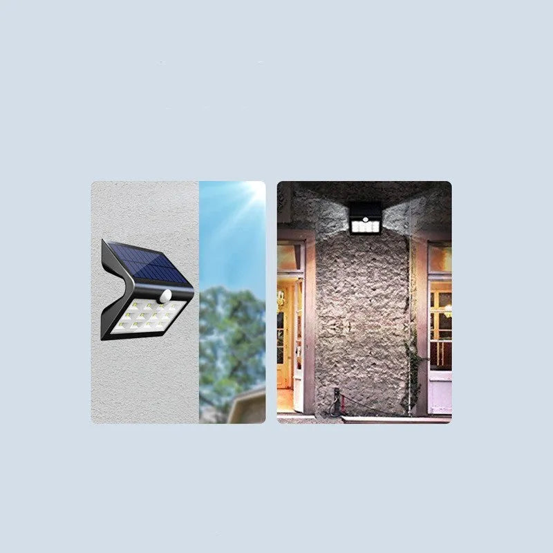 Solar outdoor wall light with LED illumination and IP65 waterproof rating for garden landscape lighting