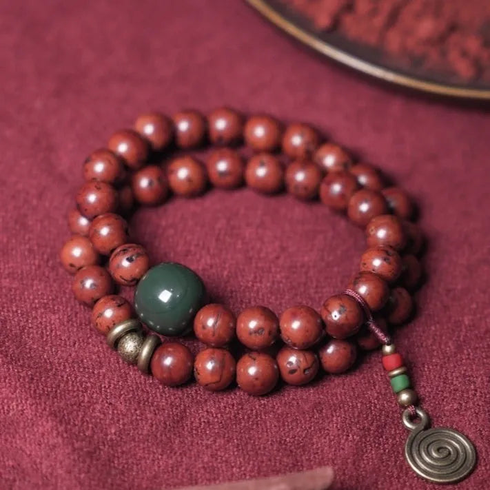 Handmade natural bodhi seed double circle bracelet showing textured seeds and layered design