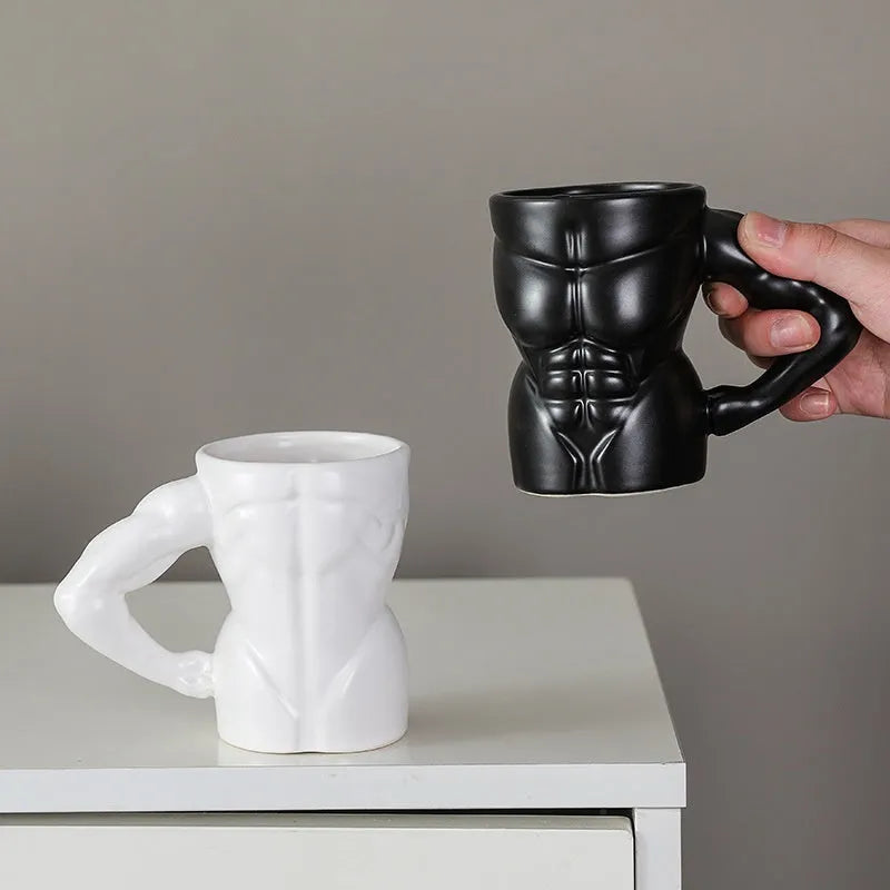 Matte black ceramic mug with muscle design and 300ml capacity