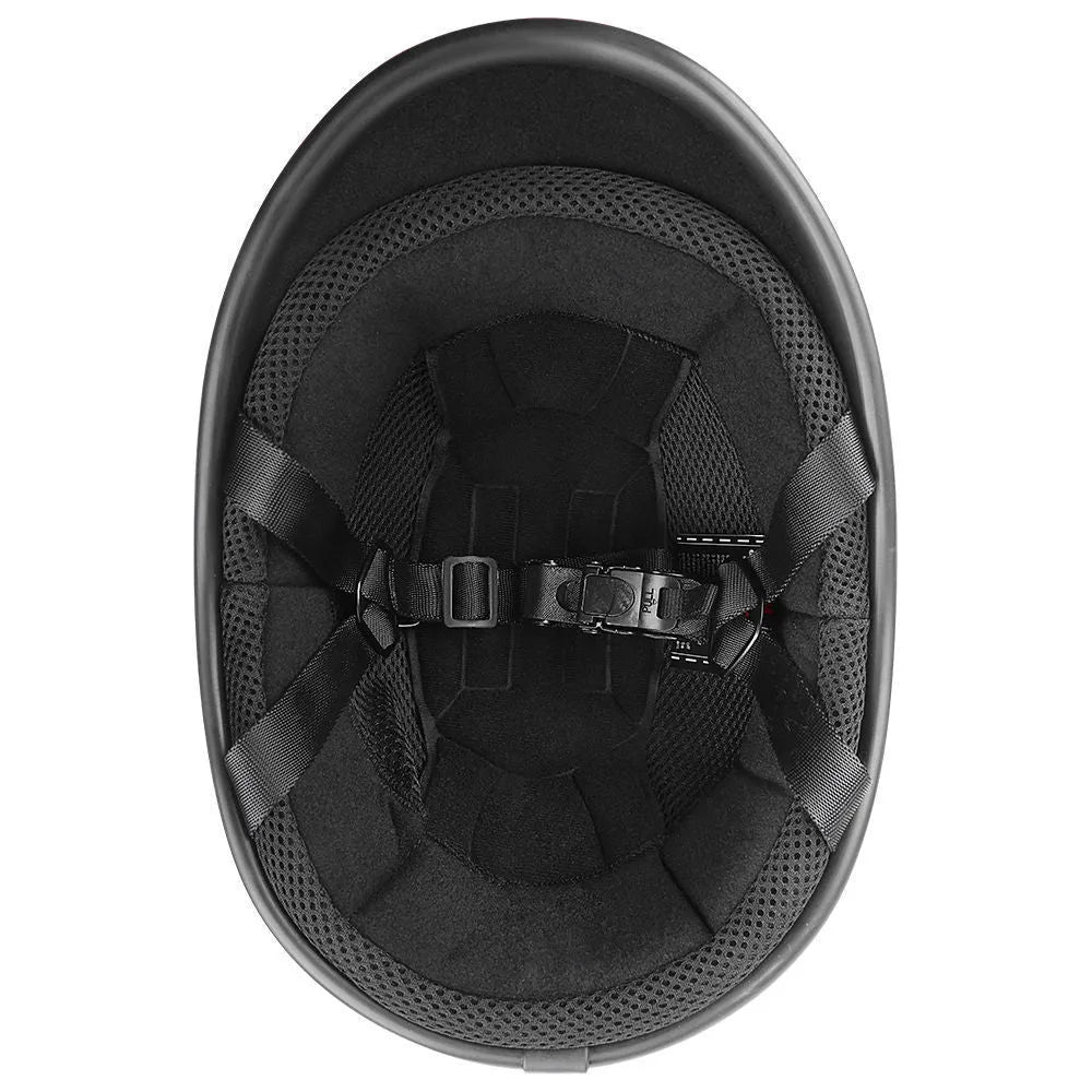 Retro style motorcycle helmet in matte black finish with an ABS shell on a plain background.