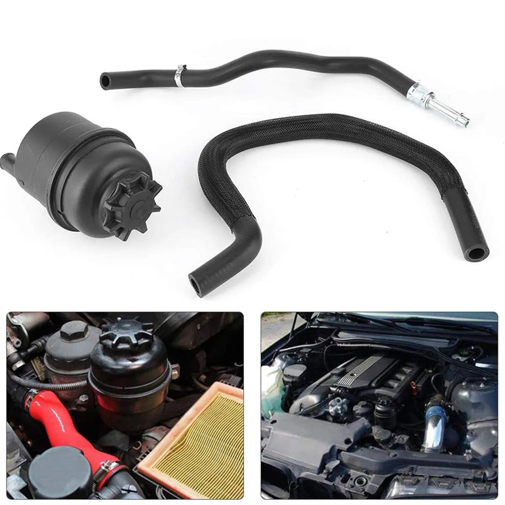 BMW power steering oil pot kit components including oiler, tubing, and hose repair parts.