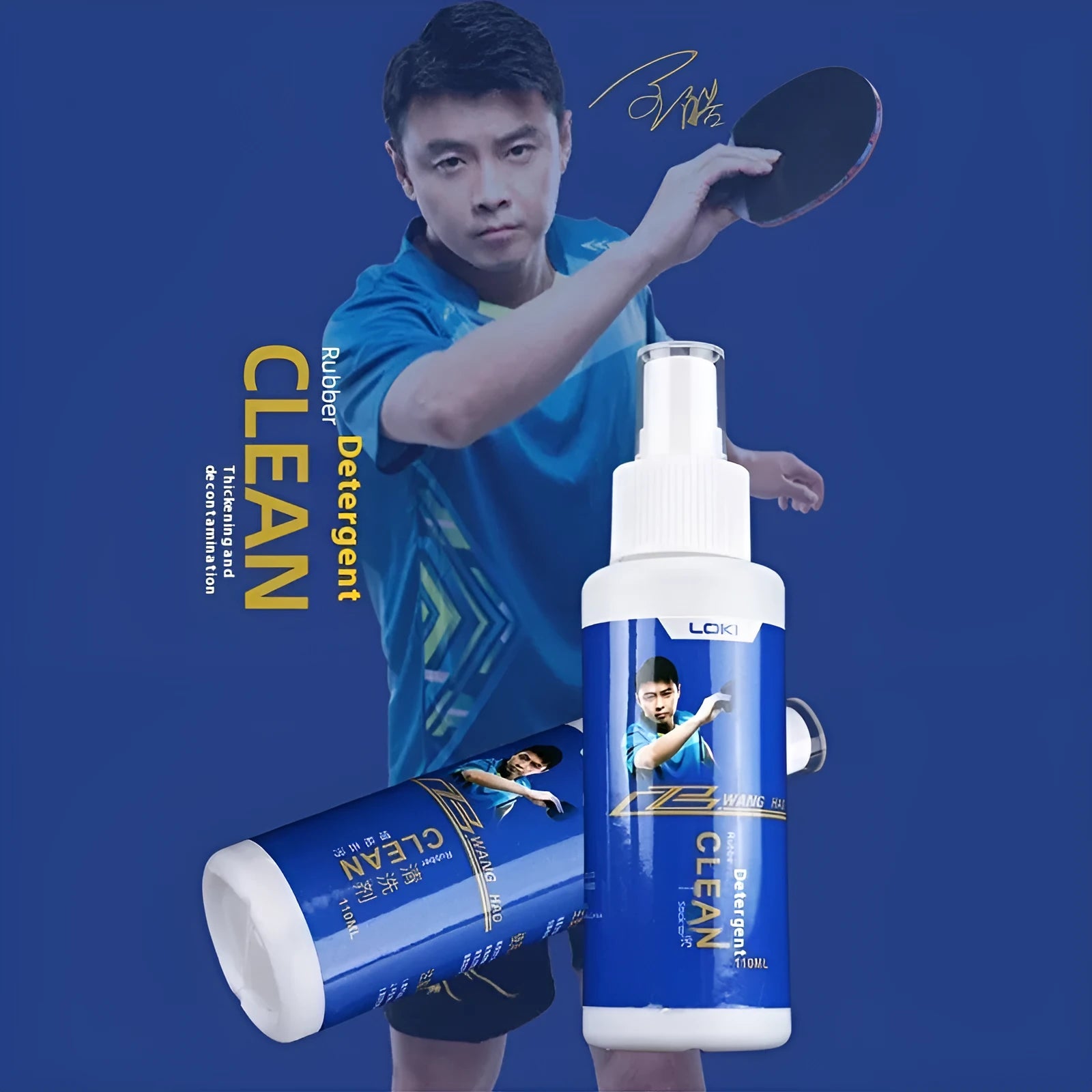 110ml bottle of table tennis rubber cleaning liquid with a sponge applicator for racket maintenance
