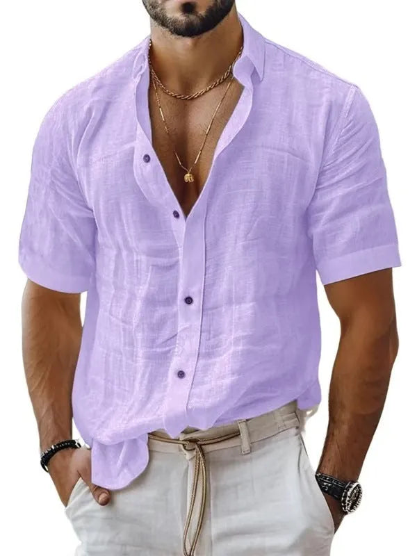 Men's short sleeve lapel shirt in light green, shown in a cardigan style with a casual fit.