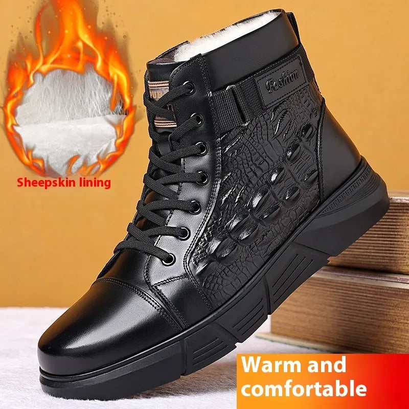 Men's black genuine leather snow boots with fur lining, velvet toe accent, and a lace-up front.