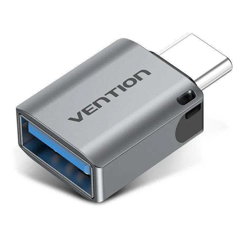 Grey aluminium USB 3.0 C Male to A Female OTG adapter with attached lanyard.