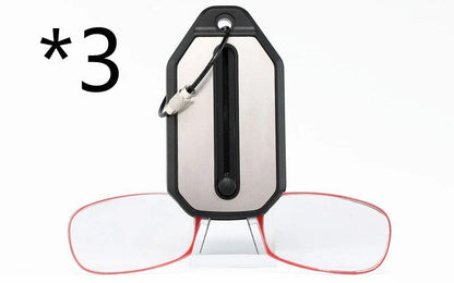 Compact magnetic reading glasses with rimless frames and adjustable nose clip