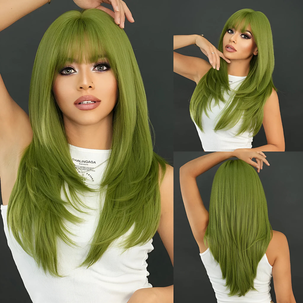 Vanilla green long straight women's wig with bangs made from domestic silk.