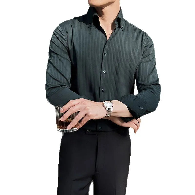 Men's striped V-neck long sleeve cardigan shirt in a chemical fibre blend.