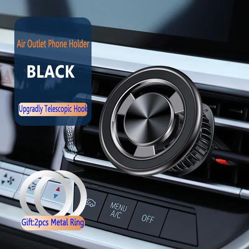 Car air vent magnetic phone holder with snap-on clip in black or silver colour
